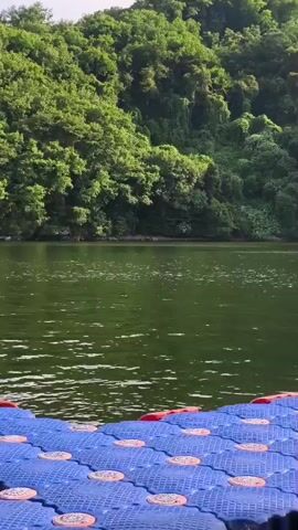 This media file captures a serene view of a lake with lush green hills in the background. The foreground is dominated by a blue modular floating dock, its textured surface and red edge clearly visible. The water is a deep green, reflecting the surrounding foliage and creating gentle ripples. The hills are densely covered with trees, suggesting a natural, possibly forested, landscape.

The scene appears to be set during the daytime, with soft lighting indicating a possibly overcast sky or late afternoon. The absence of any visible people suggests a quiet, perhaps tranquil moment. The setting is identified as Chuncheon-si, South Korea, a location known for its natural beauty and lakes. The overall impression is one of peacefulness and natural immersion. There is no visible text in the media.