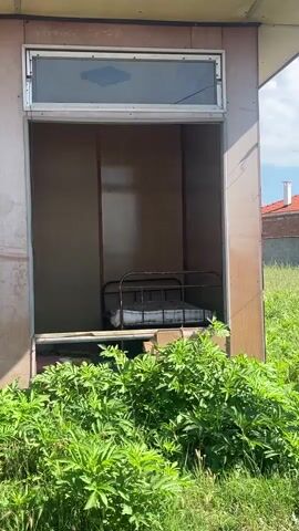 A video shows a small, dilapidated structure with a metal bed frame and mattress inside. Lush green foliage grows around the base of the structure. The structure appears to be made of wood paneling and has a small window at the top. The bed is old and worn, with a dirty mattress. The surroundings suggest an outdoor, overgrown setting.