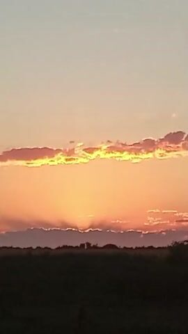 The video shows a sunset over a dark silhouette of trees and landscape. The sky is a gradient of soft pinks, oranges, and blues with scattered clouds. The sun is setting behind a layer of clouds, casting a warm glow. The camera is still.