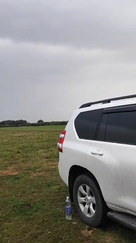 A white SUV is parked in a grassy field under a cloudy sky. A plastic water bottle is on the ground next to the rear wheel of the SUV. The field is mostly green with some patches of brown dirt. In the distance, there is a line of trees. The sky is gray and overcast.