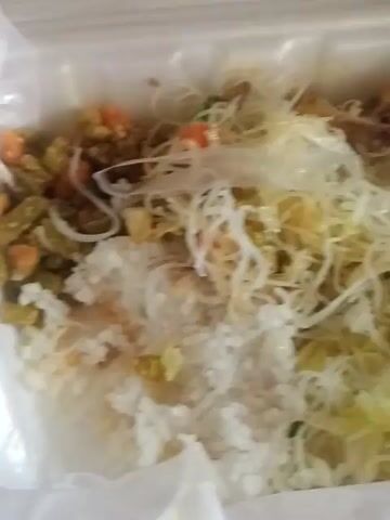 The video shows a styrofoam takeout container with leftover food. The food appears to include rice, vermicelli noodles, and some vegetables, including carrots. The lighting is somewhat dim, and the camera angle is looking down into the container.