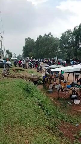 The video depicts a large crowd of people gathered near a roadside market. Several motorcycles are parked near the edge of the road, and a sign indicating "Kasimba Primary School" is visible. People are moving around and interacting with each other. The environment includes trees, grass, and a cloudy sky. The area appears to be a rural or semi-urban setting.