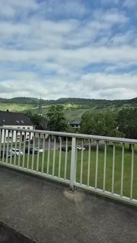 The video captures a car moving slowly across a bridge, offering a view of a charming countryside town. The landscape features rolling hills covered in lush greenery, with visible vineyards, suggesting a wine-producing region. Houses with traditional architecture dot the town, and a church steeple rises prominently, adding to the picturesque scenery. The sky is partly cloudy, with patches of blue visible. A side mirror and the car's interior are briefly seen, indicating the perspective is from inside the vehicle. An audio prompt "Links abbiegen" is heard, suggesting navigation instructions.