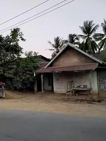 The video pans across a street scene with several buildings and vegetation. In the foreground, a gray asphalt road is visible. To the left, a red and white structure with a fence is partially obscured by trees. Behind it, a red building is partly visible. The center of the frame features a long, single-story building with a dark roof and several open doorways, some covered by red shutters. A sign with the text "SURYA" and "GGSP" is displayed above the doorways. A dark vehicle is parked in front of this building. To the right, palm trees and other lush green vegetation line the roadside, with a glimpse of another building with a brown roof in the background. The sky is overcast and appears to be either early morning or late evening. The overall impression is of a rural or suburban commercial area.