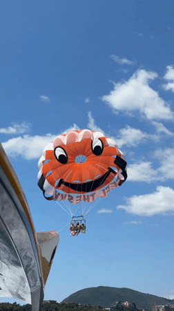 Smiley-faced parasail rides the sky above Montenegro's coast