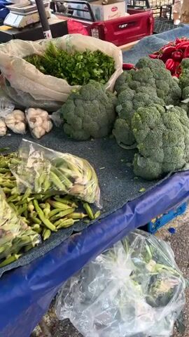 The video pans across a bustling outdoor market stall. The stall features a variety of fresh produce in the foreground, including large heads of broccoli, bunches of green herbs in a plastic bag, and what appear to be okra in another plastic bag. Several bright red chili peppers are piled on a blue tarp. In the background, there are more vegetables, including what look like red bell peppers and possibly tomatoes. Further back, tables are laden with an assortment of colorful hair accessories, including scrunchies, clips, and hair ties, displayed in white boxes and bins. Several people are visible browsing the market, with one person in the foreground seemingly interacting with the produce. The environment suggests a sunny day at a farmers' market or local bazaar.