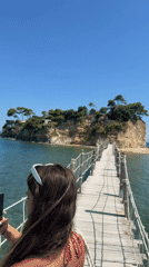 Wooden pier stretches toward a rocky island with structures
