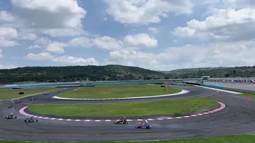 The video captures a go-kart race taking place on a large, outdoor racetrack. Several go-karts are visible, racing around a curved section of the track marked with red and white curbs. The racetrack is surrounded by a green grassy area, and in the background, there are hills covered with trees. The sky is partly cloudy. The flags of multiple countries are lined up alongside a structure in the distance.
