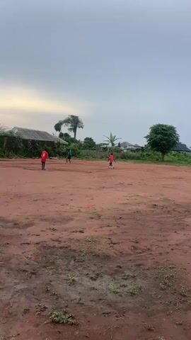 This media file depicts a soccer practice session on a dirt field in Edu Town, Nigeria. The scene features several young boys in athletic wear, primarily red and blue shirts, engaged in training drills. One boy in a red shirt, numbered "8," stands facing away from the camera, while others are in motion, dribbling or running with a soccer ball. Blue cones are visible on the field, suggesting they are part of the practice exercises.

The setting is an outdoor, open space with a reddish-brown dirt ground, indicative of a local playing field. In the background, there are buildings with corrugated roofs and brick walls, typical of residential structures in the area. Lush green vegetation, including trees and bushes, surrounds the field, and a distinctive, large tree with a wide canopy stands prominently in the middle ground. The sky is overcast with a soft, diffused light, suggesting it is either early morning or late afternoon. The overall atmosphere appears to be one of casual sports activity, with the participants focused on their training. No discernible text is visible in the video.