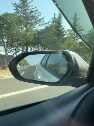 The video shows a view from inside a car, looking out the side window and into the side mirror. The car is in motion on a paved road, with a white line marking the lane. Trees and foliage line the right side of the road. The side mirror reflects the road ahead and the interior of the car, including a person's hand holding a smartphone, presumably to record the video. The sky is clear and blue. The overall environment appears to be a sunny day in a rural or suburban area.