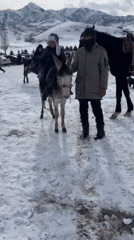 Child rides donkey in snowy Kyrgyzstan mountain landscape