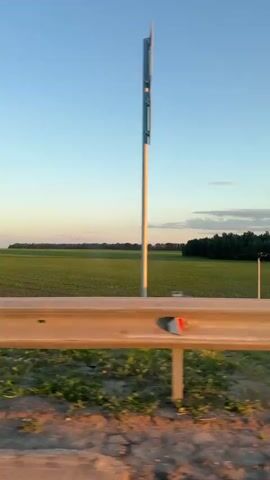 A roadside view is captured, with a metal guardrail in the foreground separating the road from a green field. The field stretches towards a line of trees in the distance under a clear blue sky. A speed limit sign indicating 80 and a directional sign pointing towards Kazan are visible. The scene is lit by the soft glow of what appears to be sunset.
