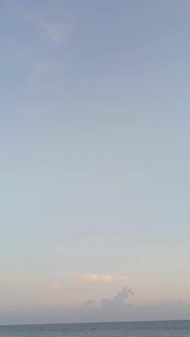 The video is a vertical shot of the sky and the ocean. The sky is a pale blue with some faint clouds. The ocean is a darker blue. The sun is not visible, but the lighting suggests it is either sunrise or sunset. There is a slight pinkish hue to the clouds near the horizon. The video is static with no movement or action.