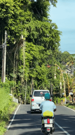 Two motorcyclists travel narrow road in Mengwi, Indonesia