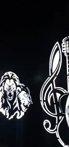 This is a vertical, low-light video showing a decorative metal gate at night. The gate features several white silhouette designs illuminated from behind against a black background. On the right side of the gate is a three-headed lion. To its left are two silhouette figures of women in long dresses, with floral or vine-like designs surrounding the left figure. Further to the left, a patterned lamp is visible. The gate appears to be illuminated with white light, creating a stark contrast with the dark environment.