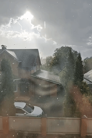 Rain shower documented in residential Hadiach, Ukraine