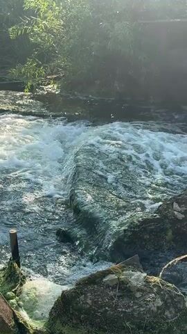 A close-up, eye-level shot focuses on a section of a body of water with a slight cascade. The water is clear and appears to be moving rapidly over rocks and debris, creating foam and turbulence. Lush green vegetation is visible in the background, with sunlight glinting off the water's surface and through the foliage, suggesting an outdoor environment. The foreground includes moss-covered rocks and some man-made objects, possibly remnants of a structure or part of the waterway's infrastructure. The overall impression is one of a natural, perhaps slightly untamed, watercourse.