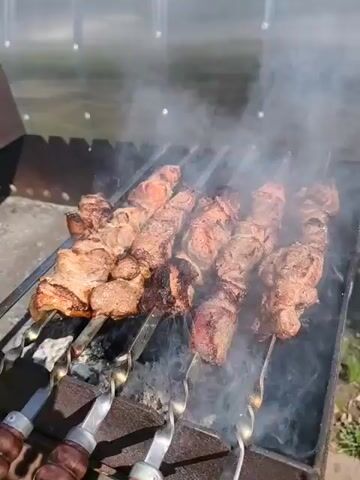 The video shows several skewers of meat cooking on a grill, sending up smoke. The skewers are placed across a black metal grill, with visible charcoal beneath. The meat on the skewers appears to be well-cooked, with some pieces showing slightly charred edges. In the background, there's a glimpse of a greenhouse or enclosed structure with light filtering through it. The scene gives an impression of outdoor cooking in a domestic setting.