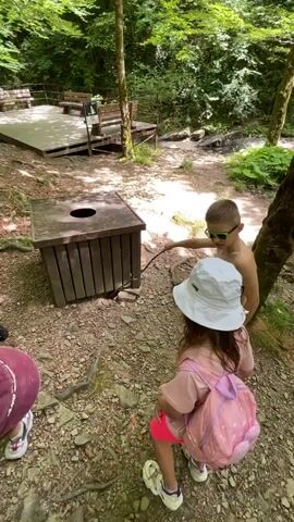 Two children, one boy and two girls, are in a wooded area. The boy, wearing glasses and no shirt, is poking a stick towards a wooden trash can with a circular opening at the top. One girl, wearing a white t-shirt, black shorts with white polka dots, and a light blue hat, is crouching down in front of the trash can, reaching towards it. The other girl, wearing a pink t-shirt, bright pink shorts, and a white sun hat, is standing and facing the trash can. A pink backpack is visible on her back. The ground is covered in dirt and rocks. In the background, there is a wooden deck with benches. The environment is dense with trees and foliage.