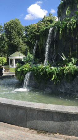 Park visit with waterfall and metallic animal sculpture in Kharkiv