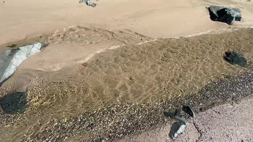 The video shows a natural stream flowing across a sandy beach towards the ocean. The stream is shallow and clear, with small pebbles and rocks visible on its bed and along its banks. The beach is composed of fine sand and larger rocks. In the background, the ocean is visible, with gentle waves lapping at the shore. The sky is clear and blue, indicating a sunny day. There are no people or man-made objects visible in the video. The video appears to be shot from a low angle, close to the ground, giving a close-up view of the stream and its surroundings.