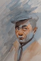 Watercolor portrait in blues with expressive, gestural brushwork