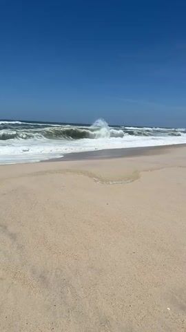 A calm, wide, sandy beach stretches across the foreground of this vertical, eye-level shot. The sand is a light beige, with some faint ripples and textures visible. In the middle ground, the ocean meets the shore with moderate waves that break into white foam. The water is a deep blue, transitioning to a lighter turquoise closer to the shore. The sky above is a vibrant, clear blue, with a faint wisp of a cloud visible near the horizon. The overall scene evokes a sense of peace and natural beauty. The time of day appears to be daytime, likely late morning or early afternoon, given the bright sunlight. The weather is sunny and clear. The location cues, such as the type of sand and the general appearance of the coastline, are consistent with a European beach, and specifically with the provided context of Torreira, Portugal. There is no visible text in the image.