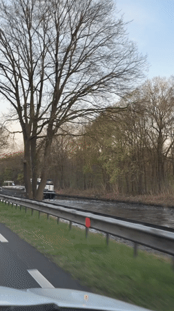 Barge travels canal in Erp amid spring foliage