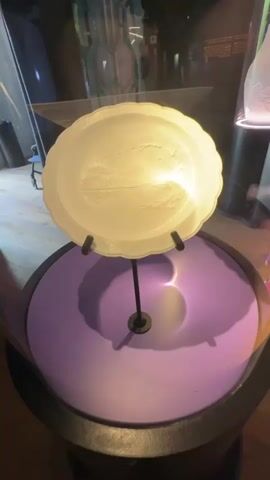 A white, scalloped-edge plate with an embossed landscape scene is displayed on a black stand. The plate is lit from behind, causing the embossed details to appear in silhouette. It rests on a circular purple platform. The entire display is enclosed in a clear cylindrical case, which is set within a museum-like environment with wooden flooring and other display cases in the background.