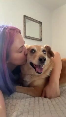 A young woman with dyed purple hair hugs a medium-sized, tan-colored dog with brown floppy ears. They are both on a light-colored bed with a patterned bedspread. The woman kisses the dog's head. The dog is panting and looks happy. A framed mirror hangs on the white wall behind them. The woman smiles at the camera.