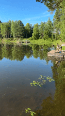 Sunny afternoon fishing at a calm, forested lake
