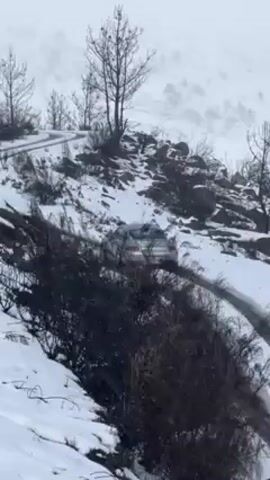 A silver or light gray car is driving on a snow-covered road in a mountainous area. The road is winding and narrow, and there are trees and shrubs on either side, some appearing burnt or dead. The weather appears snowy, and the visibility is somewhat limited. The car moves away from the camera, traversing the snow-covered terrain. The camera is in a fixed position and captures the car's movement up the mountain road.