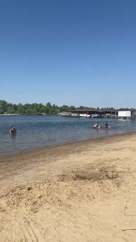 A serene, sun-drenched day unfolds at a sandy beach, where the calm, blue water meets the shore. A cluster of boats is docked at a waterfront establishment in the distance, with a backdrop of lush green trees framing the horizon. Several individuals are enjoying the refreshing embrace of the water. On the left, a lone figure is partially submerged, seemingly engaged in an activity within the water. Further to the right, a group of people are scattered across the water, some appearing to be sitting or interacting with each other. The sandy beach in the foreground exhibits subtle textures and imprints, suggesting recent activity or natural erosion. The clear blue sky above indicates fair weather conditions.