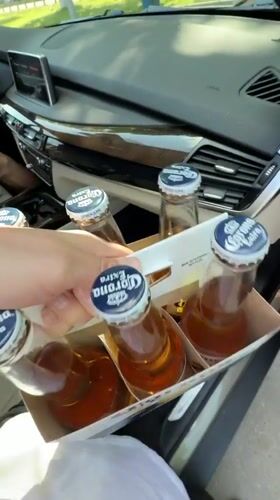 Person holds Corona beer six-pack inside car in Malakhovka
