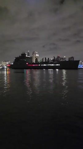 The video shows a nighttime view of a body of water with a large ship in the foreground and a city skyline in the background. The ship is silhouetted against the night sky, with some of its lights visible. The city skyline is also illuminated, with the lights reflecting in the water. The sky is cloudy and dark. The water appears calm with small ripples reflecting the lights.