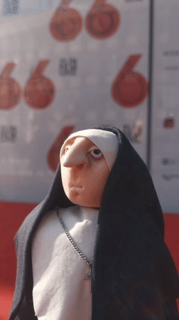 Nun doll displayed at Zlin Film Festival red carpet