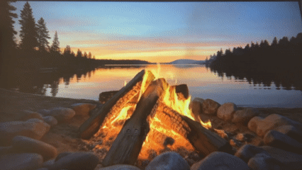 Campfire on a Moscow lakeshore at sunset