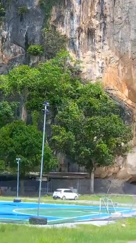 The video shows a golden Buddha statue nestled against the base of a large rock cliff. The cliff is mostly grey and tan in color, with visible crevices and some vegetation growing on it. In front of the statue are lush green trees and vegetation, with some buildings tucked among the foliage. A tennis court is visible in the foreground, partially obscured by trees, and a white car is parked beside it. A person is standing near the statue. The camera slowly pans from left to right.