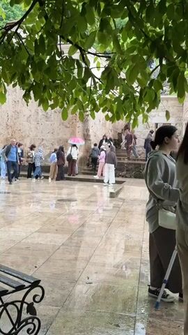 The video shows a group of people outdoors on a rainy day. The ground is wet and reflects the light, indicating it is raining or has recently rained. Many people are holding umbrellas, including one pink umbrella. Several individuals are walking, and some are standing and talking. There are stone steps leading up to a building with a stone facade. Lush green leaves hang from trees in the foreground, partially obscuring the view. In the foreground, a wrought-iron bench is visible. The overall atmosphere appears to be a tourist site or historical location.