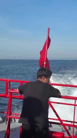 A person in a black t-shirt stands on the deck of a boat, facing away from the camera. The person is leaning on a red railing. Behind the person, a red flag with a yellow star, the flag of Vietnam, flies from a flagpole. The boat is moving, creating a wake in the blue water. The sky is clear and blue, with a distant landmass visible on the horizon.