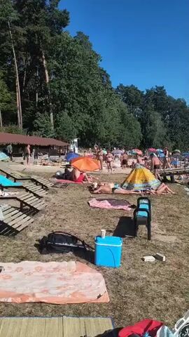 The video shows a sunny day at a beach. A group of people are sunbathing on towels and under umbrellas. There are trees in the background and a pier extending into the water. Several people are in the water. A paddleboard is tied to the shore.