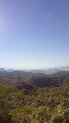 The video shows a panoramic view of rolling, forested hills under a clear blue sky. In the foreground, the edges of green foliage are blurred due to movement, suggesting the footage is taken from a moving vehicle. The middle ground is dominated by a dense, green forest covering the undulating landscape. In the distance, more hills are visible, with a hazy horizon and a body of water appearing faintly under the bright sunlight. A faint contrail from an aircraft is visible in the upper left quadrant of the sky. The lighting suggests it is daytime, likely morning or afternoon, with the sun casting a bright, even light.