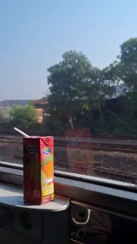 A juice box with a straw is placed on a shelf next to a window on a train. Outside the window, trees and train tracks are visible under a clear blue sky. The train appears to be in motion, as indicated by the blurred background.