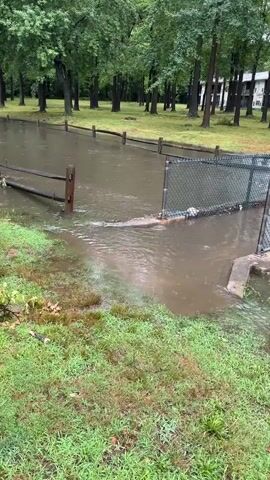 A chain-link fence is partially submerged in murky, flooded water. The water level reaches the bottom of the fence and extends into a grassy area. A wooden fence post is visible in the foreground. Trees and a building are in the background.