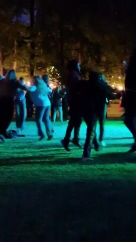 A group of people are dancing in a circle in a grassy outdoor area at night. String lights are visible in the background. Some of the people are holding hands. The lighting is dim and cast in green and blue hues from spotlights.