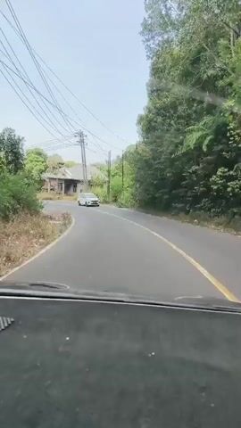 A dashcam view shows a car driving on a paved road. The road curves to the right, with a white car driving ahead in the opposite lane. There are trees and vegetation on both sides of the road, and power lines are visible overhead. A small building with a red roof is visible on the left side of the road. The sky is clear and the weather appears to be sunny.