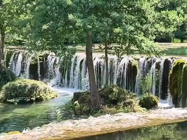 The video shows a serene natural landscape featuring a series of small waterfalls cascading over moss-covered rocks. Lush green trees with dense foliage surround the waterfalls, providing shade. The water is clear and flows into a calm pool below, reflecting the surrounding greenery and the bright sunlight. The scene appears to be a tranquil environment, possibly a park or a nature reserve, with no people or man-made structures immediately visible. The overall impression is one of natural beauty and peacefulness.