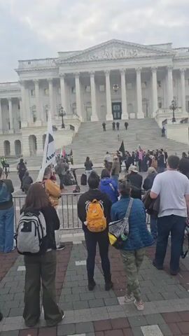 The video shows a crowd of people gathered in front of a large white building with columns, likely the U.S. Capitol Building. The crowd appears to be separated from the building by a barricade. Some people are holding flags, including what appears to be a "Veterans for America" flag. Many individuals are taking photos or recording videos.  The overall scene suggests a protest or demonstration. The weather seems overcast and the sky is grey.  Police are visible on the upper steps of the building.