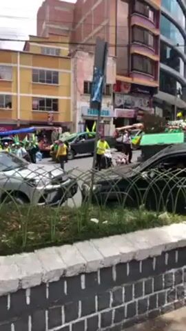 The video shows a street scene, seemingly a parade or political demonstration, with many people dressed in yellow and green, carrying flags. Cars decorated with flags and green coverings are passing. A building with the sign "PrendaMundo" is visible in the background. The video is taken from behind a low wall covered in a green plant.