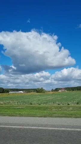 The video shows a view from a vehicle moving along a road. The scene is a rural landscape under a bright blue sky with fluffy white clouds. In the middle ground, there are fields of green and yellow crops, possibly sunflowers, stretching towards a line of trees in the distance. A few buildings, including what appear to be houses and farm structures, are visible. The foreground shows a paved road surface. The camera is angled slightly downwards, capturing the road and then panning across the landscape. The overall impression is of a sunny day in the countryside.